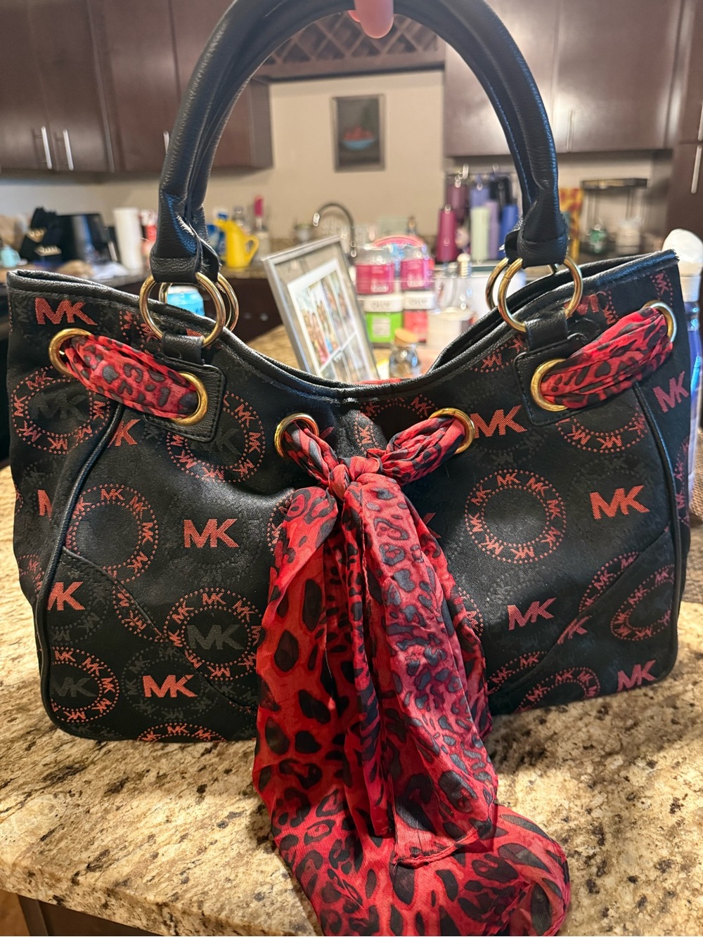 Michael Kors Black Shoulder Bag with Red MK Print and Scarf